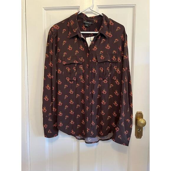 NWT Something Navy Brown Floral Orange Button Up Blouse Women's S Pocket Utility - Picture 1 of 10